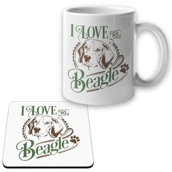 Beagle-muki + lasinalunen-paketti, I Love -koirasetti 360