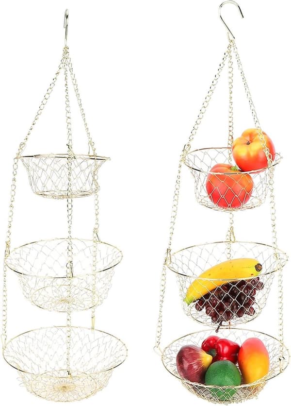Hanging Fruit Basket - Multifunctional Fruit Basket for Kitchen and Vegetable Storage - 3-Tier Metal Wire Basket with Removable Round Basket - Chain Hook