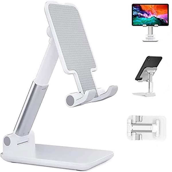 Foldbar smartphone- og tabletholder. Justerbart stativ med flere vinkler og udtrækkelig arm til iPhone 11, iPad, Huawei (Hvid)