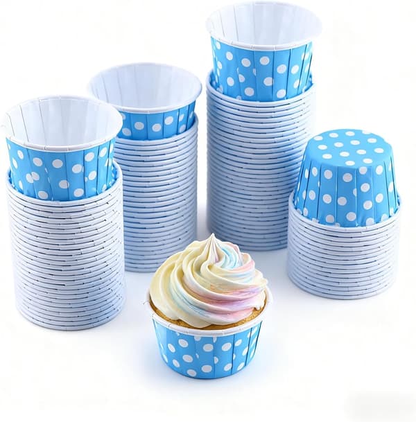 100 disposable mini muffin cups, ideal for cupcakes, muffins and brownies, blue polka dot pattern