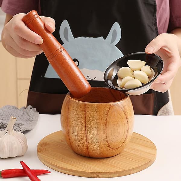 1 set garlic mortar environmentally friendly high durability wood manual garlic press crusher mortar set for home L L