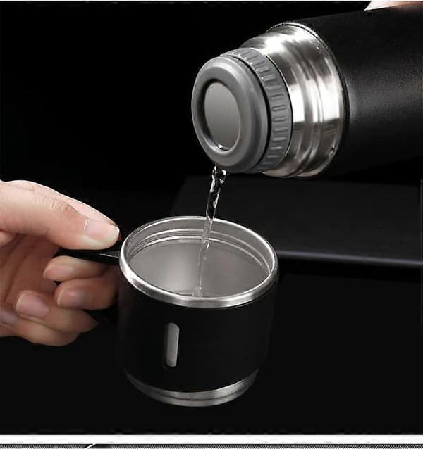 Vakuumisoleret flaske 500 ml rustfrit stål lækagesikker termoflaske med 3 kopper til kaffe, te, vand, varme og kolde drikkevarer, sort