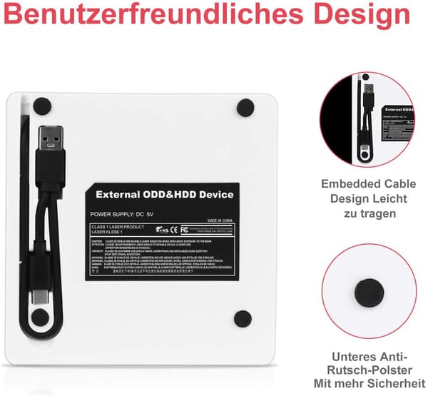 Extern CD DVD-enhet, Bärbar Typ C & USB 3.0 CD-RW DVD-R Combo Brännare Spelare (Svart)