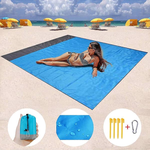 Strandteppe, Sandsikkert Strandmatte, Pikniktepper Vanntett Sandsikkert for 4-7 Voksne, Overdimensjonert Lett Strand blå blue