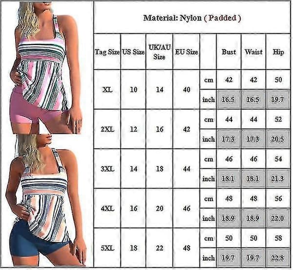Stribet Tankini Bikini Sæt til Kvinder med Push Up og Polstring Pink 4XL Pink 4XL