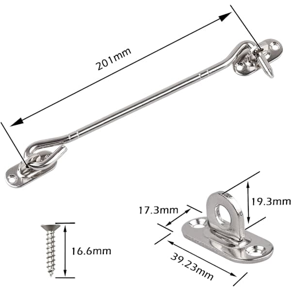2 x 20 cm Sølvfarvede Rustfrie Kahytskroge - Dørkroge - Dørlåse kompatible med Skydedør, Garderobe, Skur, Garage, Have - Vindueskrog