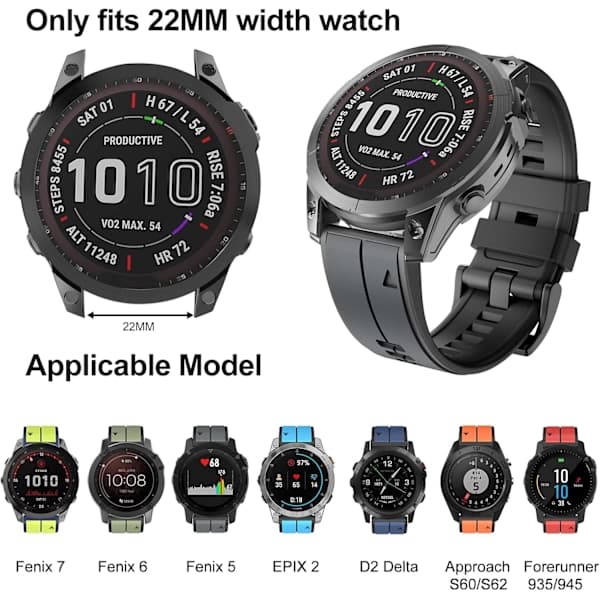 Armbånd til Garmin Fenix 7/Fenix 6/Fenix 5/EPIX 2, Quick Fit 22mm silikonearmbånd til Approach S60/S62, D2 Delta, Forerunner 935/945
