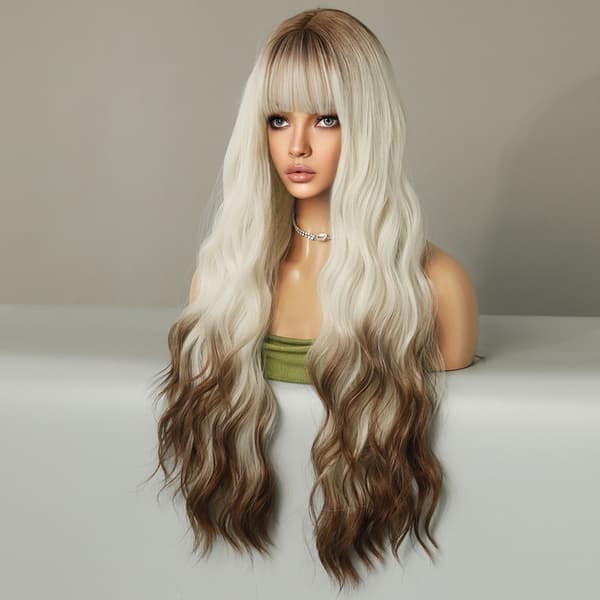 Silver White (Brown Colored at the End) 80CM Full Wig with Ba