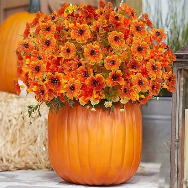 8 st konstgjorda blommor höstdekoration, UV-resistenta orangea & gula prästkragar för trädgårdsdekoration