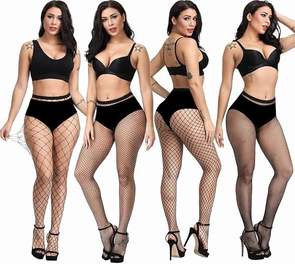 4-pak plus size netstrømper, sorte netstrømpebukser lårhøje-SS1-