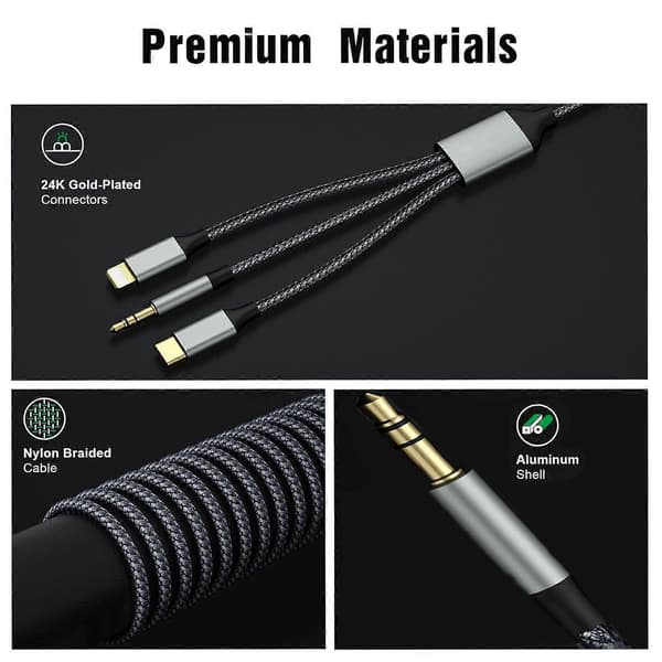 1M USB C til Aux-kabel Bil 3.5mm Nylonkabel, Jackkabel (3 i 1 Kabel) for Hodetelefoner, Smarttelefon (AAA)