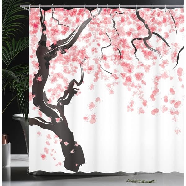 Blomstret badeforhæng, 180x200 cm, Rosa Sort Kirsebærblomst[JUN]