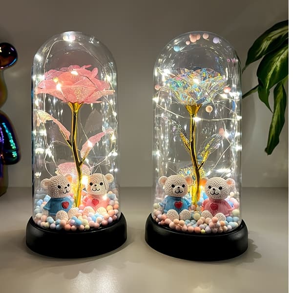Illuminated Rose Decoration in Clear Dome, Battery-Operated Table Decoration 1pc Illuminated Whi 1pc Illuminated Whi