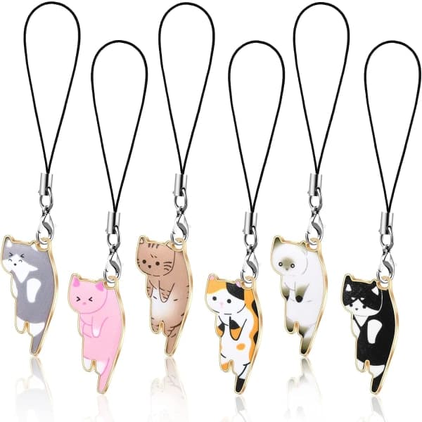 6 stk. Kawaii kattecharms til mobiltelefon, søde hængende kattecharms til rygsæk, pung, nøglering, hængende tilbehør