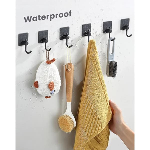 Self-adhesive hooks, heavy-duty, wall-mounted hooks, towel hooks for coats/jackets/towels for bathroom, 6-pack, black