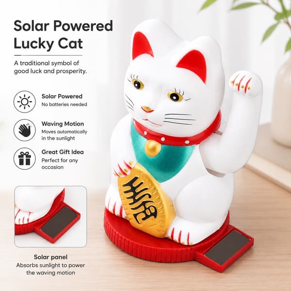 Solar-Powered Lucky Cat Decoration, White, 5-inch, Waving Arm, Rotatable Base, Light Sensor