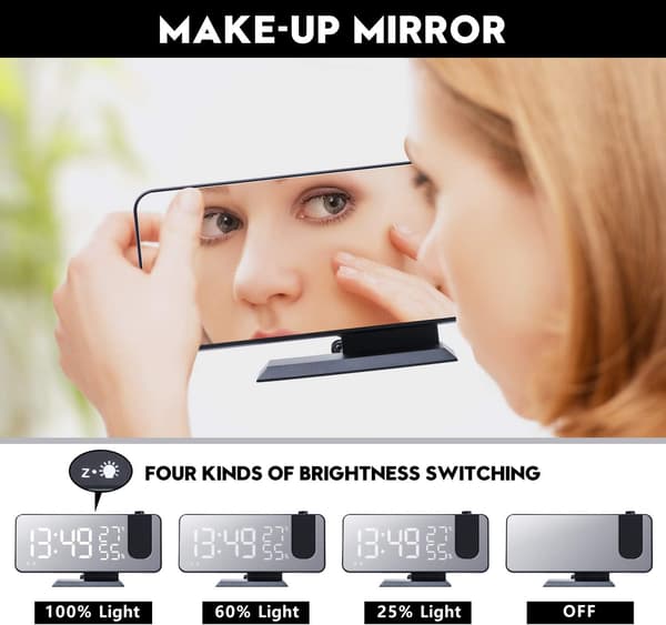 Digital Projection Alarm Clock Radio LED Temperature Display Radio Projection Clock Rotatable Projection Time-Black