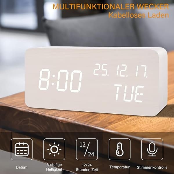 Digital Wooden Alarm Clock with Wireless Charger, LED Display for Time, Temperature, and Sound Control for Desk