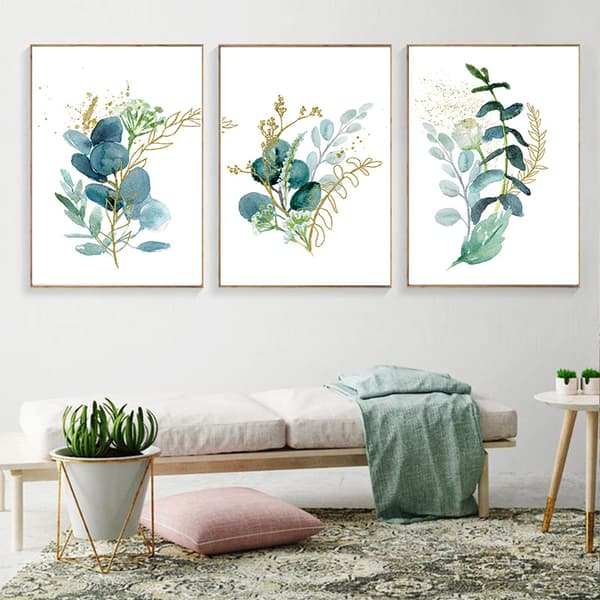 Grön akvarell eukalyptusblad Canvasmålning Guld konstmålning Galleri Modern heminredning Målning (3 delar)