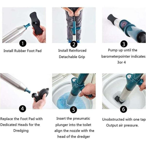 High-Pressure Toilet Plunger with 4 Interchangeable Heads for Sinks, Floor Drains, Clogged Pipes, and Bathtubs, White