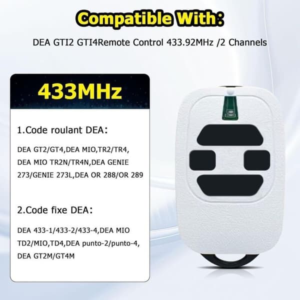 433,92 MHz gate remote control compatible with DEA GTI2/4, GT2/4, Mio TR2/4, Mio TR2N/4N garage door remote control (2-pack)