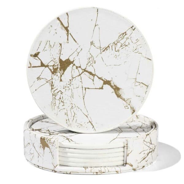 6-pak glasbrikker PU-læder guld marmor hvid white
