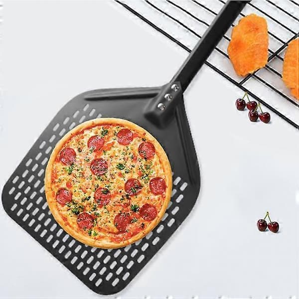 14\" Perforert Pizzaspade med Langt Håndtak, Hardanodisert Aluminium [JUN]