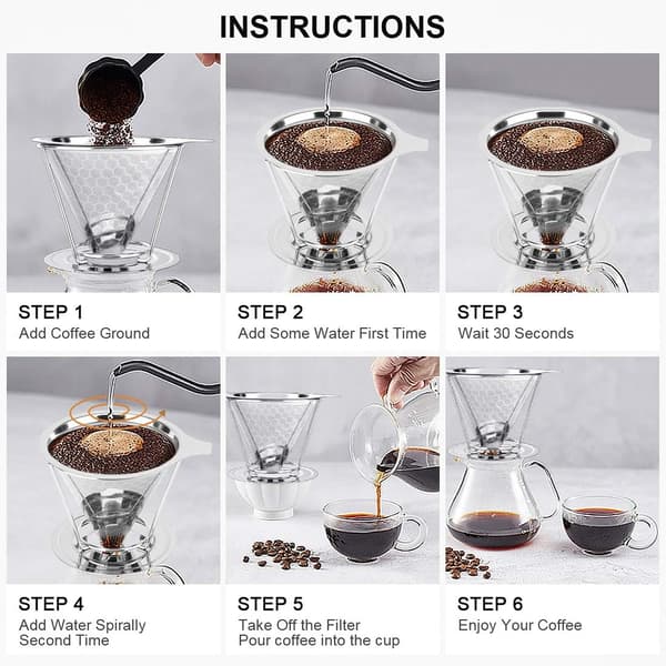 Genanvendelige kaffefiltre, permanent rustfrit stålfilter | Dobbeltlags præcisionsfilterholder | Håndkaffefilter | Kaffehældning