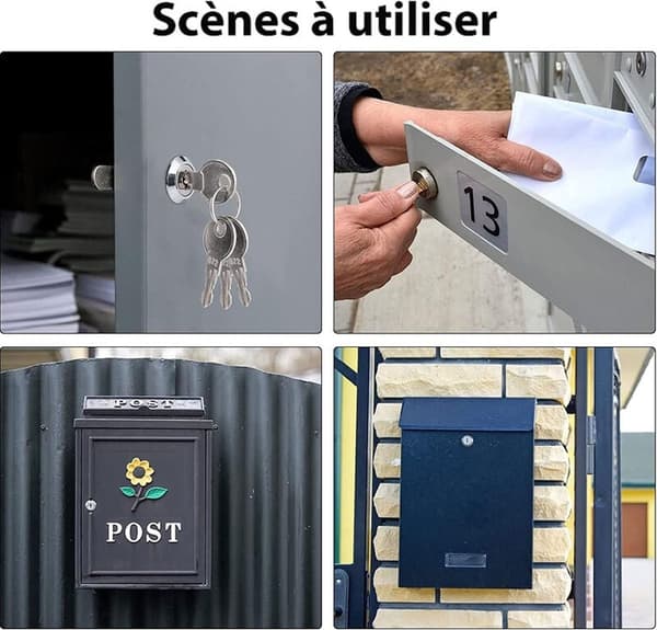 Postkasselås, 2 sæt med 4 nøgler, 5 låseplader, 16 mm knastlås til postkasser og skabe