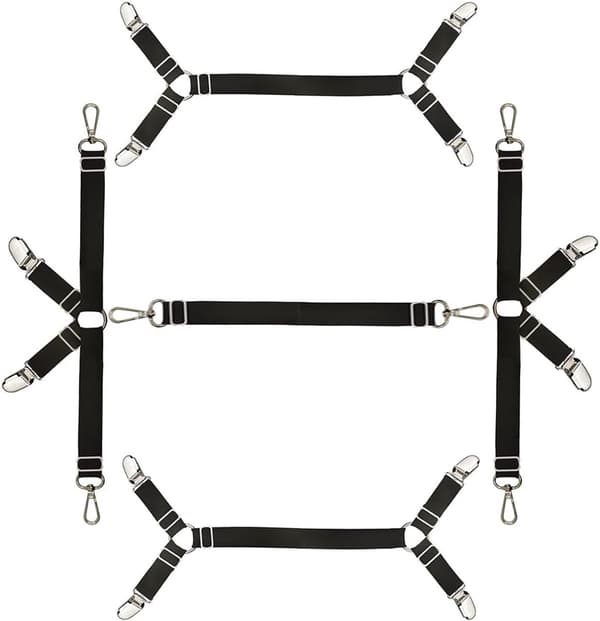 Lagenstrammere, lagenholdere, dynebetrækclips, justerbar elastik, sort, 2,5 cm