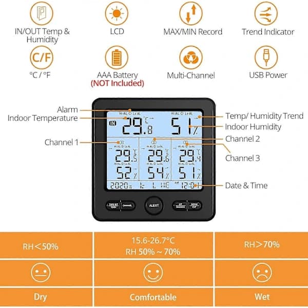Trådlös väderstation med inomhus- och utomhustermometer, TS-6210 Digital vädertermometer med klocka, kalender och luftfuktighet