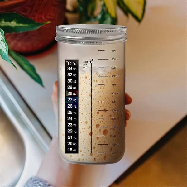 Brødfermenteringsglas, med åndbart stofbetræk, termometer, genanvendeligt surdejsglas, brødbagning, lille