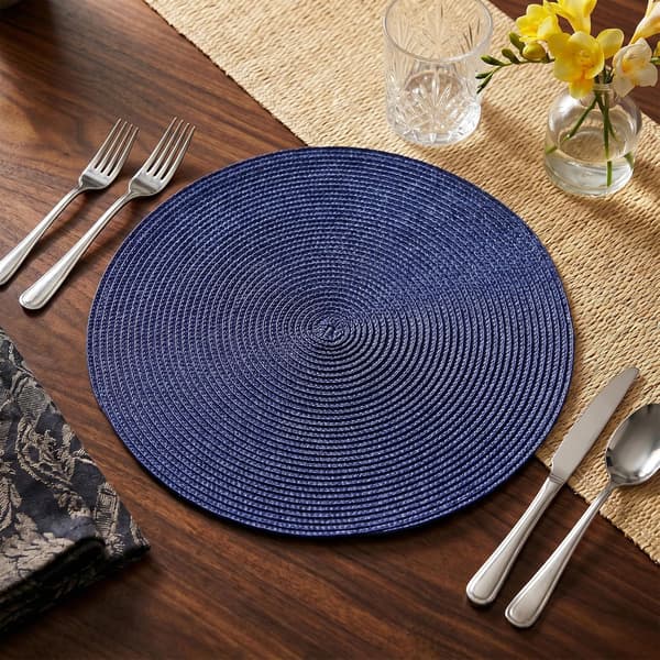 Sett med seks runde vevde bordbrikker, egnet for spisebord, vaskbare, sklisikre, 38 cm i diameter, dyp kongeblå