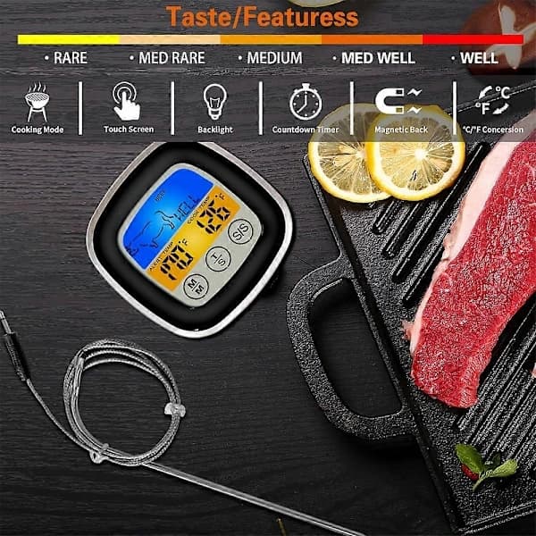 Digitalt kødtermometer med touchskærm, rustfri stålsonde, timer og baggrundsbelyst LCD til grillning, bagning, ovn, sortgrå