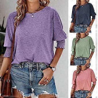 Dame Crew Neck 3/4 Ærme Basic T-shirts Ensfarvet Løs Sød Tunika Top Bluser Basic Tee Bluser Tee Top Casual Tunika Top Sort XL(XL Sort)