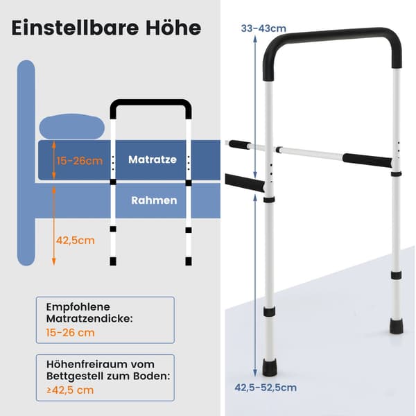 Justerbar sengekant, sikkerhetsstøtte for eldre, 160 kg kapasitet