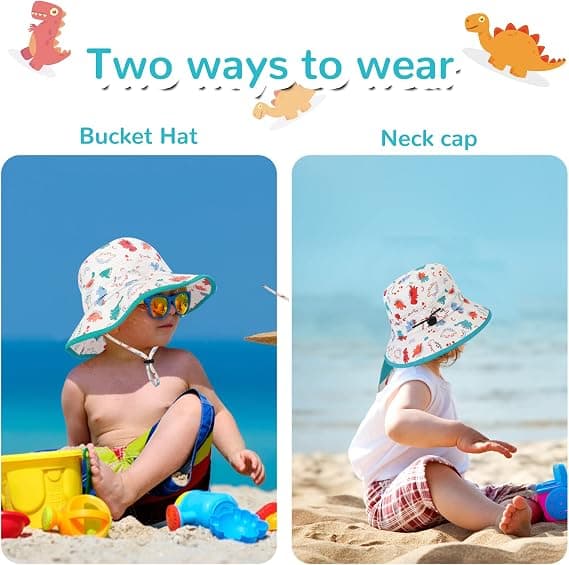 Solhat Børn Sommer Bucket Hat Bred Skygge Strandhat med Hagerem UPF50 Dinosaur Flap Hat til Børn 2-5 År Gamle