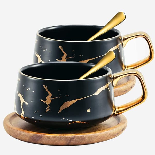 2 stk. tekopper og underkopper sæt, porcelæn espresso kaffekop sæt, med underkop og ske, keramiske krus sort, 300 ml