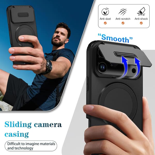 Compatible with iPhone 17 Pro, Built-in Phone Stand, Sliding Camera Cover, Magnetic Drop-Proof Phone Case, Black