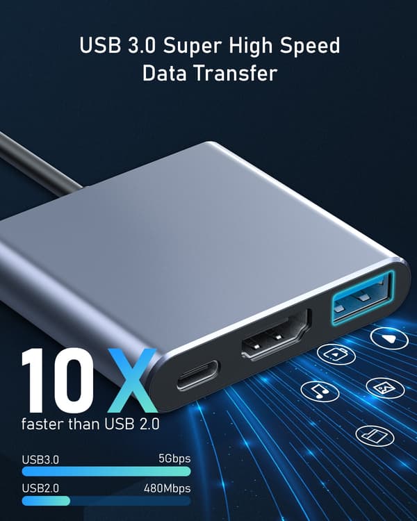 3-i-1 Type-C til HDMI-dokkingstasjonadapter USB 3.0-hub 4K video- og lydkonverterer med PD 100W hurtiglading