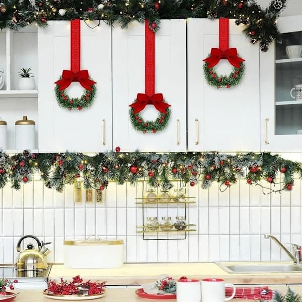 Christmas Wreath for Cabinets with Rowan Berries & Bow - Festive Decoration for Kitchen and Windows - 4-PACK Red