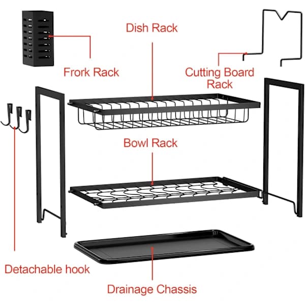 NA/Large Black Dish Drying Rack Over Sink, 2 Tiers, with Drip Tray and Cutlery Holder for Dinnerware