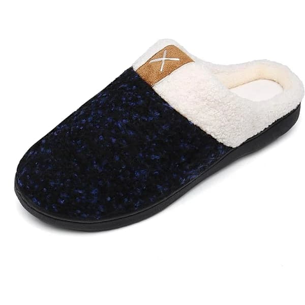 Härtofflor Memory Foam Komfort Fuzzy Plyschfoder Slip On Inomhus Utomhus Hem Skor (Marinblå, 43-45)