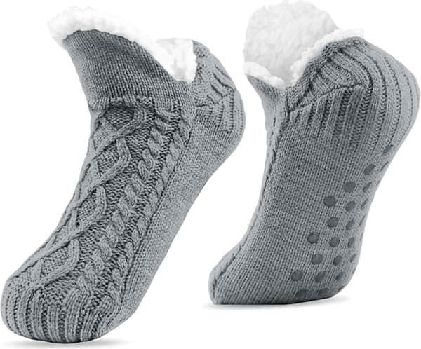 Women's Slippers, Fluffy Fleece Lined Non-Slip Socks, Warm Floor Socks, Grey, Size 38-42 (26cm)