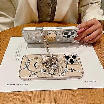 Kompatibelt deksel til iPhone 16 Pro med stativ TPU+PC Rhinestones Dekor Telefondeksel (Hvit)