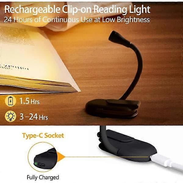 Book light, rechargeable clip-on reading lamp, adjustable brightness