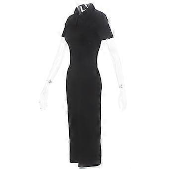 Dame Side Split Maxikjole Knapping Kort Erme Lang Bodycon Kjole Svart L(L Svart)