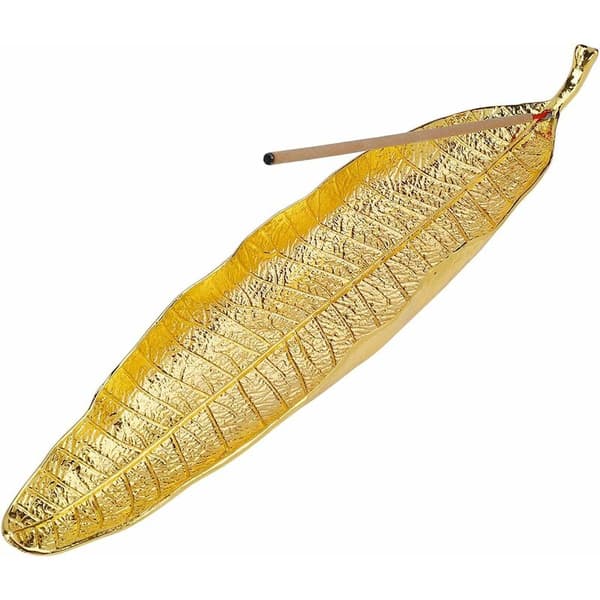 Metal Incense Holder with Leaf Shape, Ash Catcher, Incense Burner, 27 cm Long (Gold)