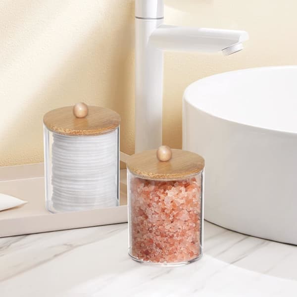 10 Oz Bomullspinne/Boll/Pad Hållare, Apotekarburk, Klar Badrumsbehållare Dispenser för Förvaring 3-pack Trälock