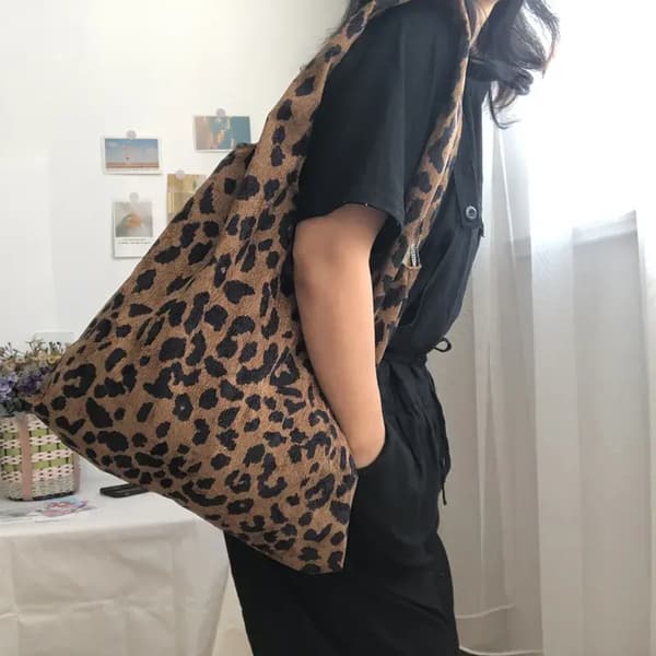 Brun og sort leopardmønstret mulepose, rummelig, holdbar, genanvendelig skuldertaske til daglig pendling, indkøb og ærinder